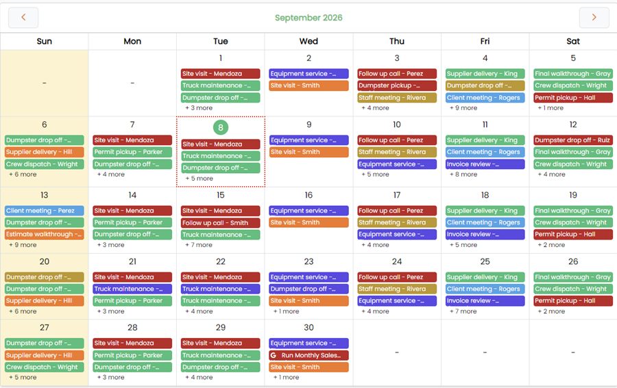 Zeemy calendar with jobs scheduled across the month