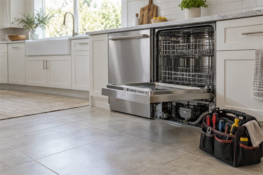 Appliance repair technician with a dryer pulled out from the wall