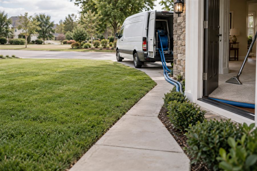 Carpet cleaning van parked outside a home