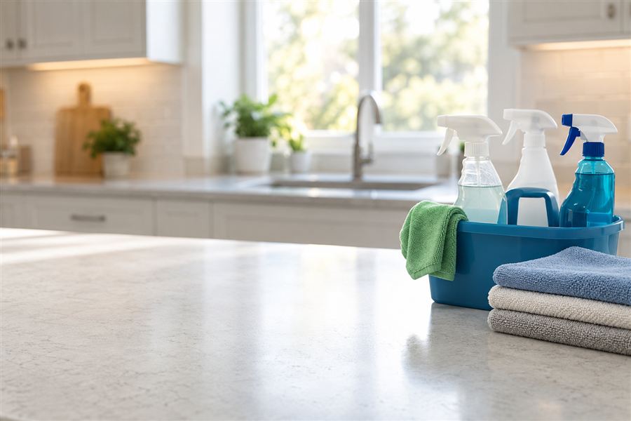 Cleaning caddy with spray bottles and folded microfiber cloths on a kitchen counter