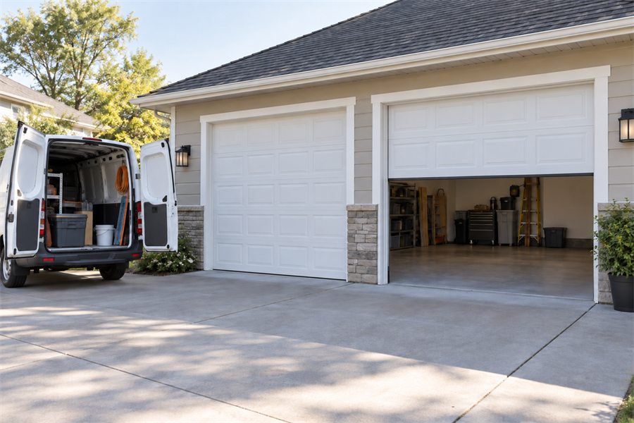 Garage door service truck parked in a suburban driveway