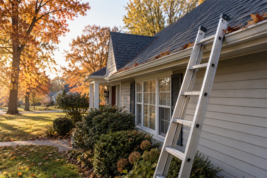 Gutter cleaning truck with a ladder parked outside a two-story home