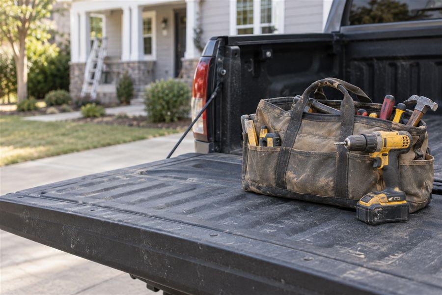 Tool bag and cordless drill on a pickup tailgate in a driveway