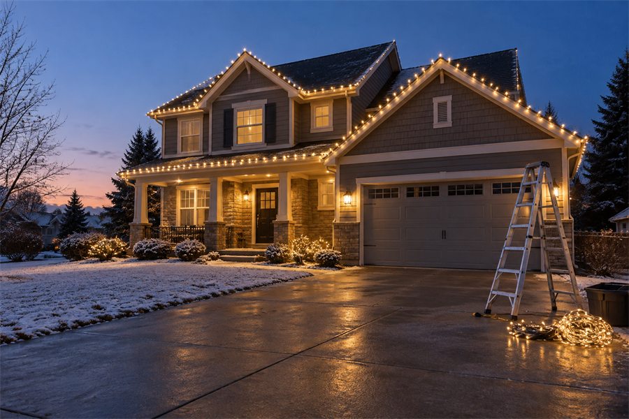 Installer on a ladder hanging lights along a roofline