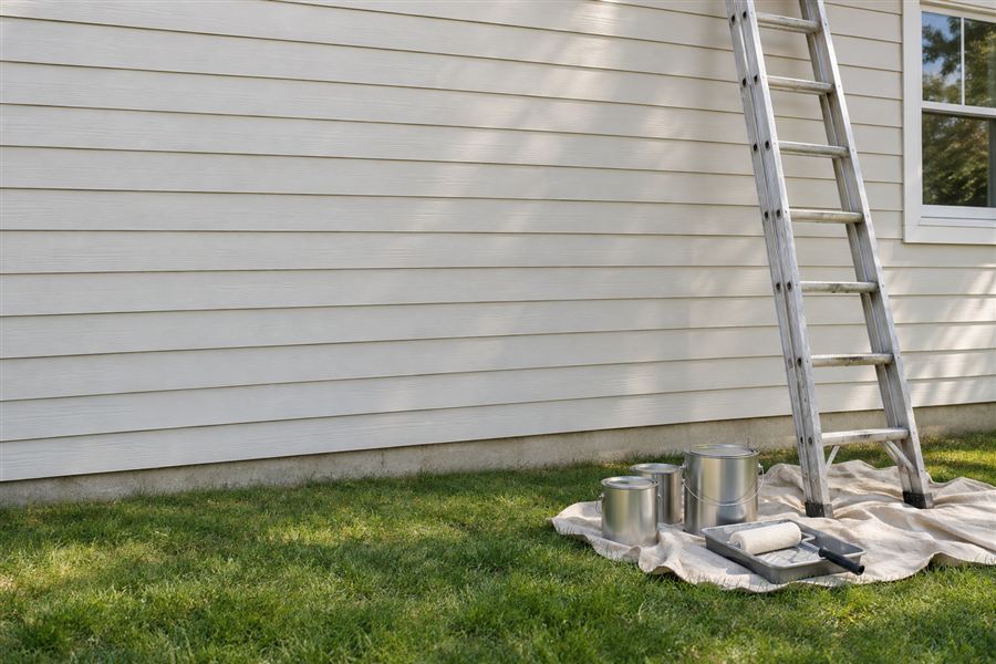 Painter setting up ladders outside a house