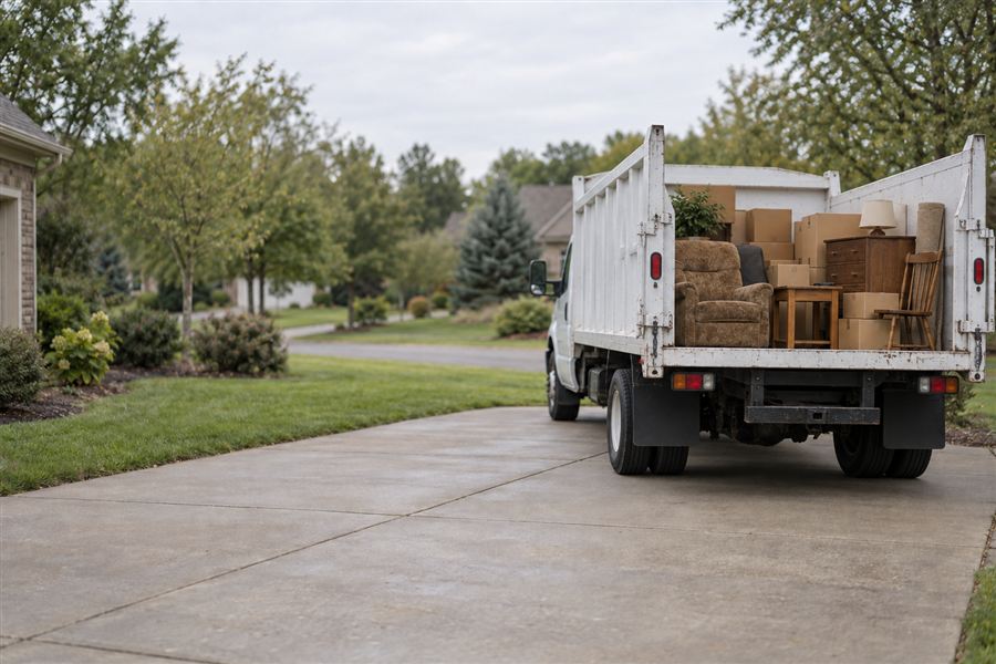 White junk removal truck loaded with furniture in a suburban driveway