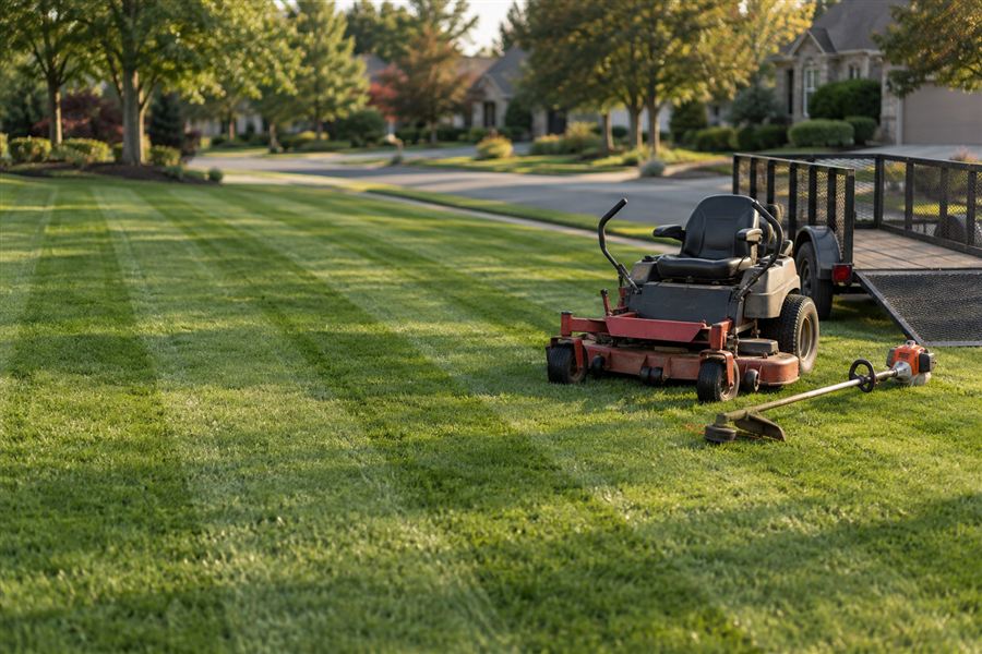 Zero-turn mower and trimmer on a freshly striped lawn beside a trailer