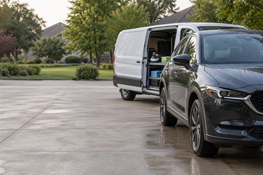 Mobile detailing van parked beside a car in a driveway