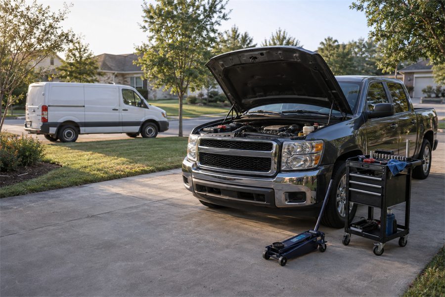 Mobile mechanic service truck parked beside a car in a driveway