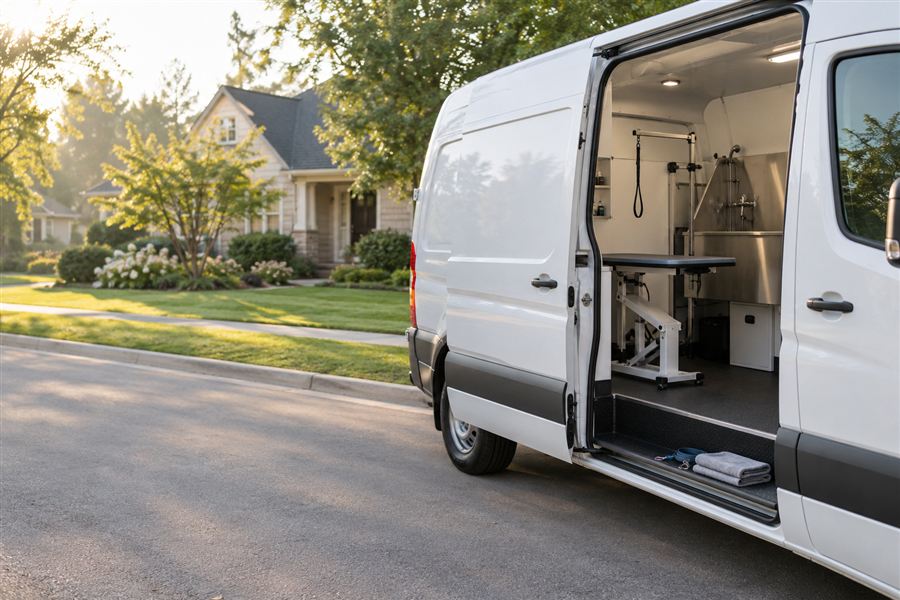 Mobile grooming van parked in front of a house