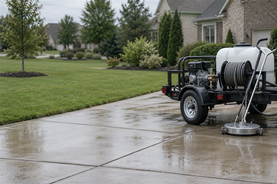 Pressure washing trailer parked at a suburban home