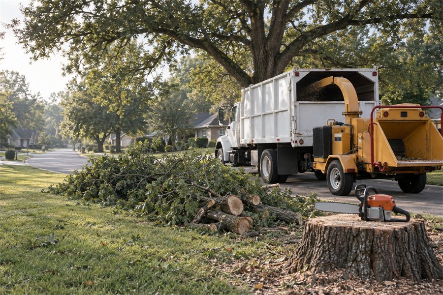 Tree service truck and chipper parked in a suburban driveway