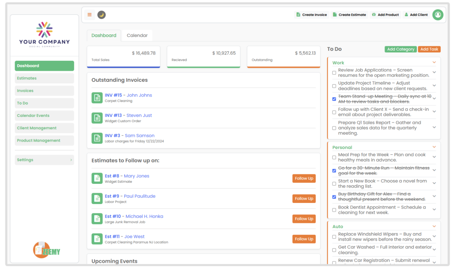 Zeemy dashboard overview
